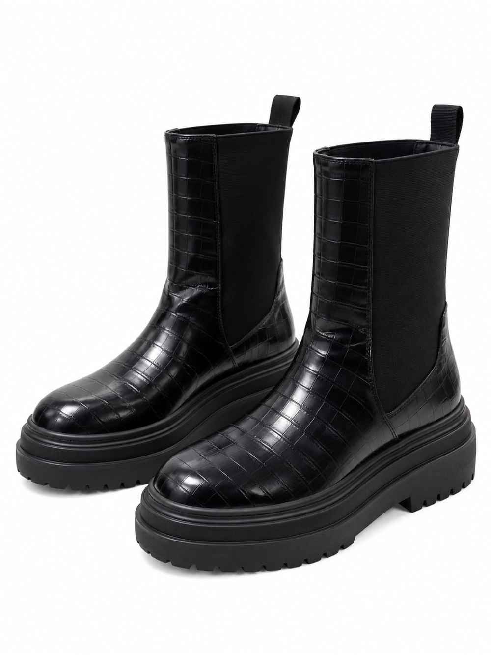 ZARA Black Croc-Embossed Chunky Lug Sole Chelsea Ankle Boots